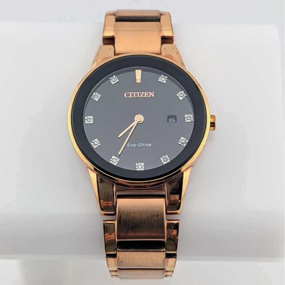 Citizen Axiom Eco-Drive J015-S097371 Rose Gold Black Dial Diamond Watch 30mm 6"